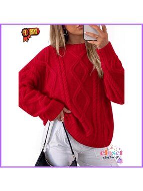 Oversized Cable Knit Chunky Sweater Crew Neck Pullover